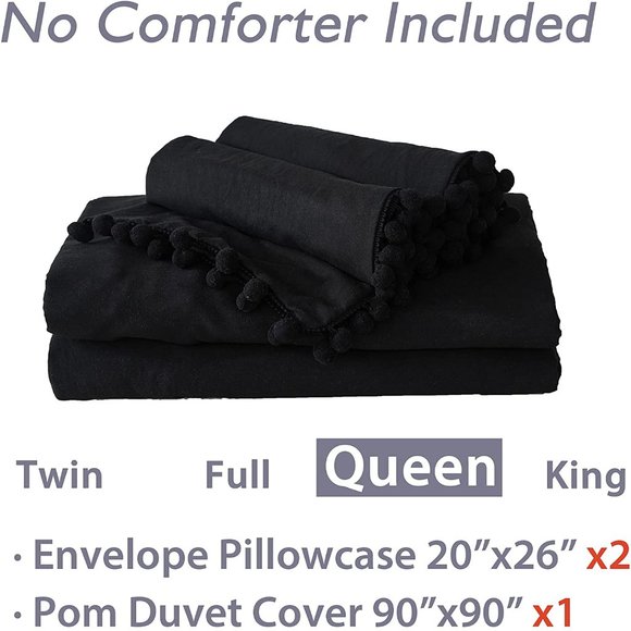 UO 3 Pieces Queen Black Pom Pom Fringe Duvet Cover - Picture 7 of 8